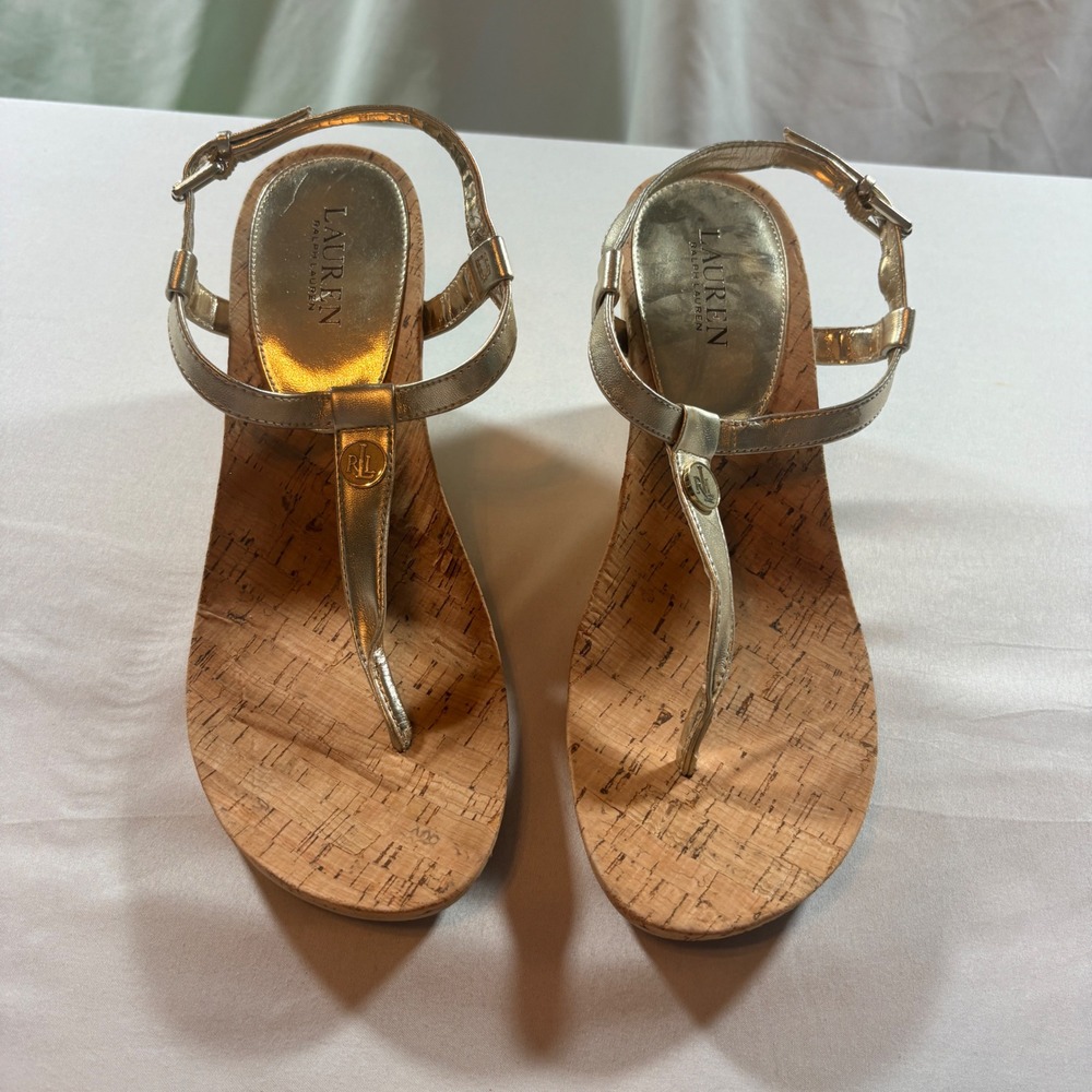 Lauren Ralph Lauren Reet Wedge Sandals Womens 11B Gold Metallic Cork T-Strap RL